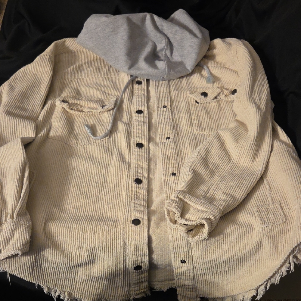 Cream Corduroy Jacket with Gray Hood